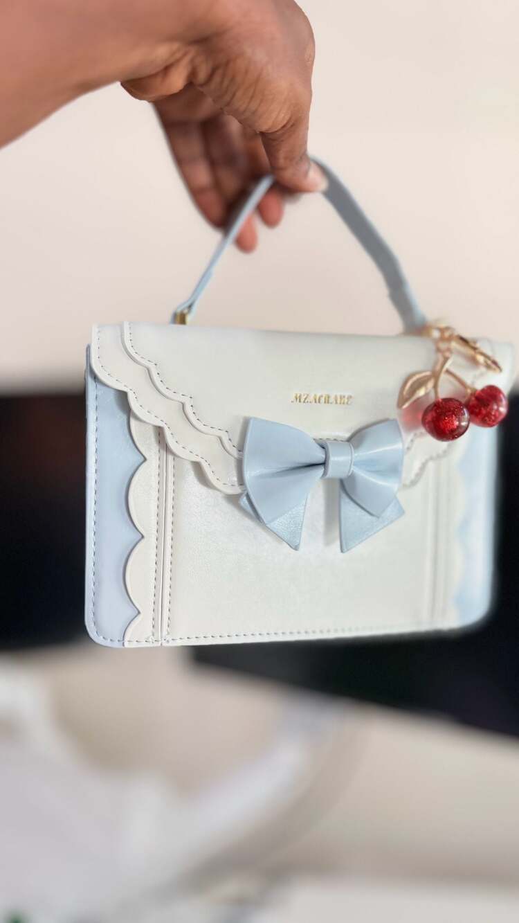 MZACRAKE Lolita Style Scalloped Trim Bowknot Satchel with Cherry Charm